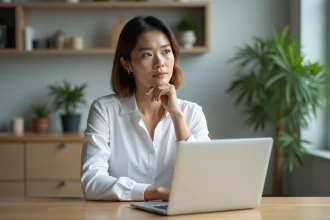 Femme concentrée sur son ordinateur dans une cuisine moderne