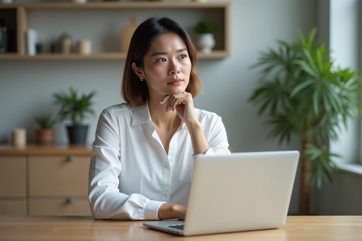 Femme concentrée sur son ordinateur dans une cuisine moderne