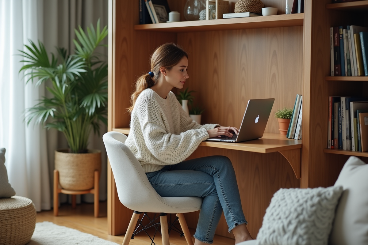 Femme travaillant dans un bureau intégré au salon lumineux