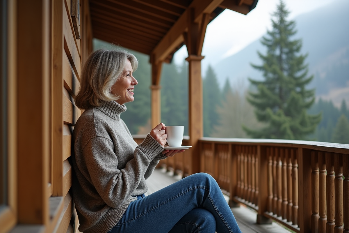 Femme détendue buvant un café sur la terrasse d'un chalet en bois