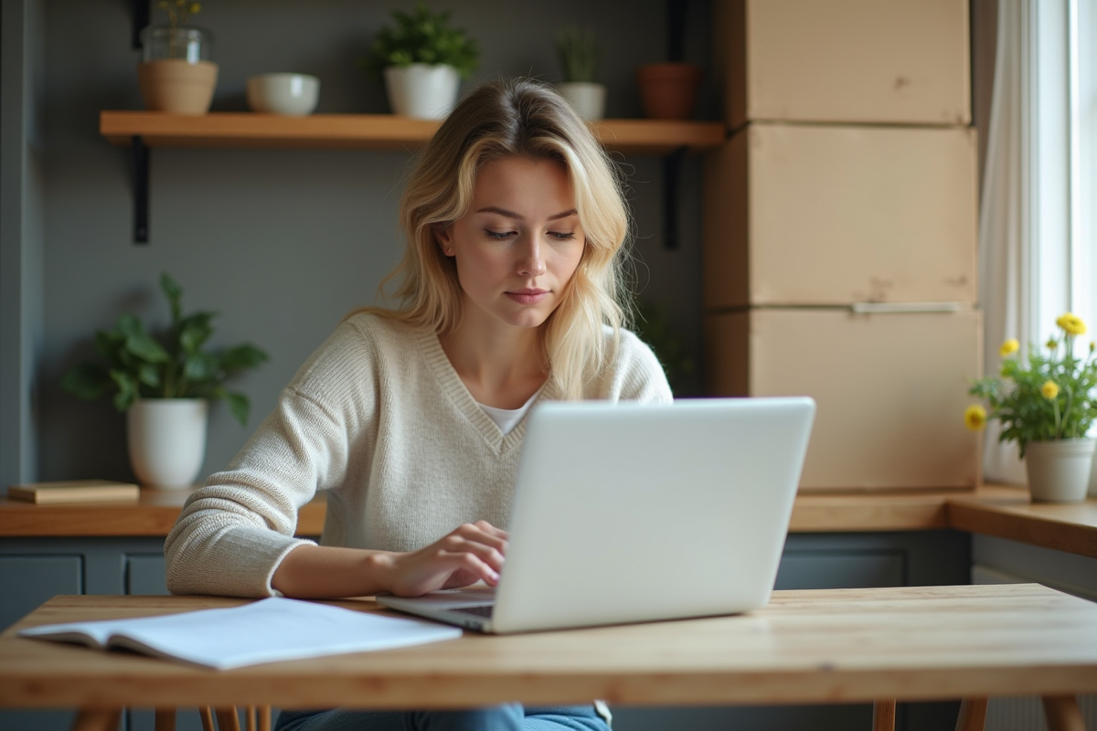 Femme concentrée remplissant un formulaire d'adresse à la maison