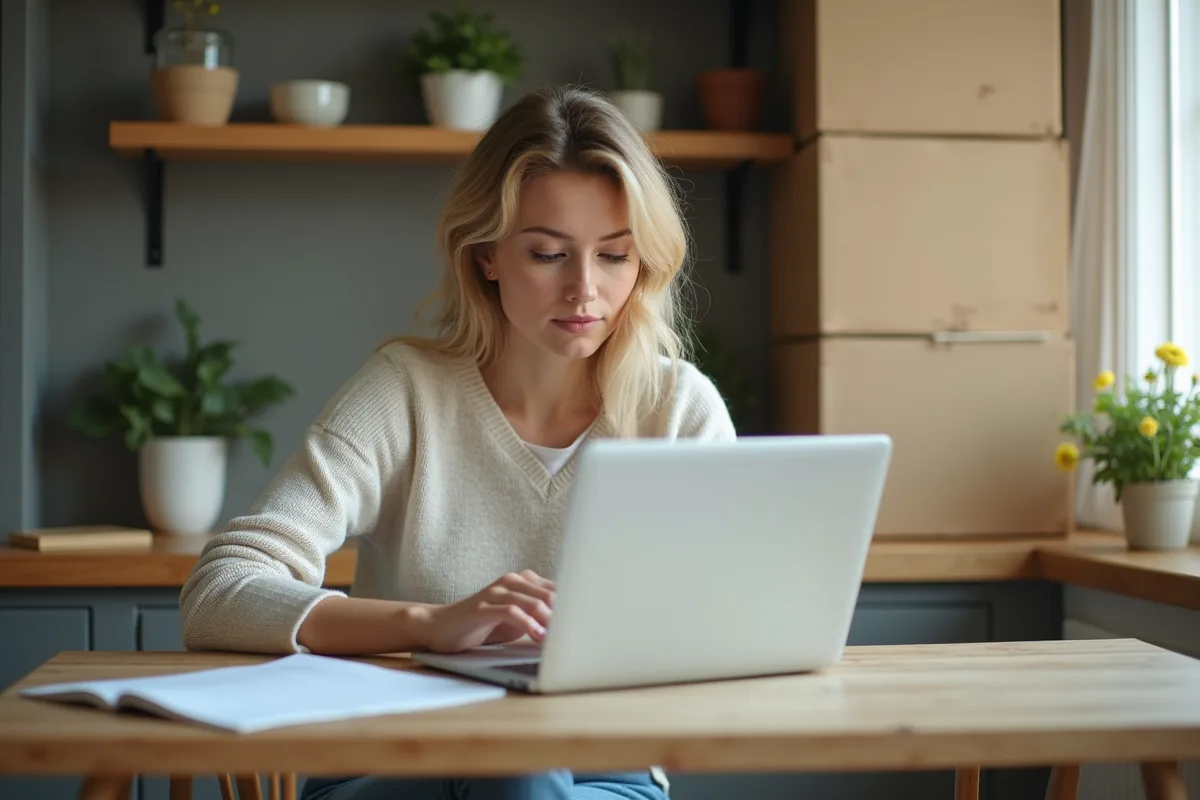 Femme concentrée remplissant un formulaire d'adresse à la maison