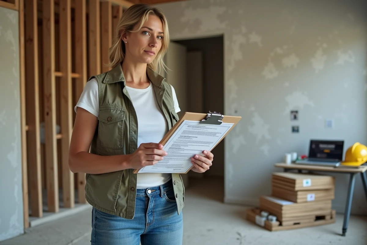 Femme cheffe de chantier consultant un guide de rénovation dans un salon en travaux