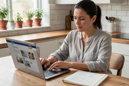 Femme consultant le site Gospi.fr sur un ordinateur portable pour comparer les prix de travaux de rénovation dans une cuisine moderne