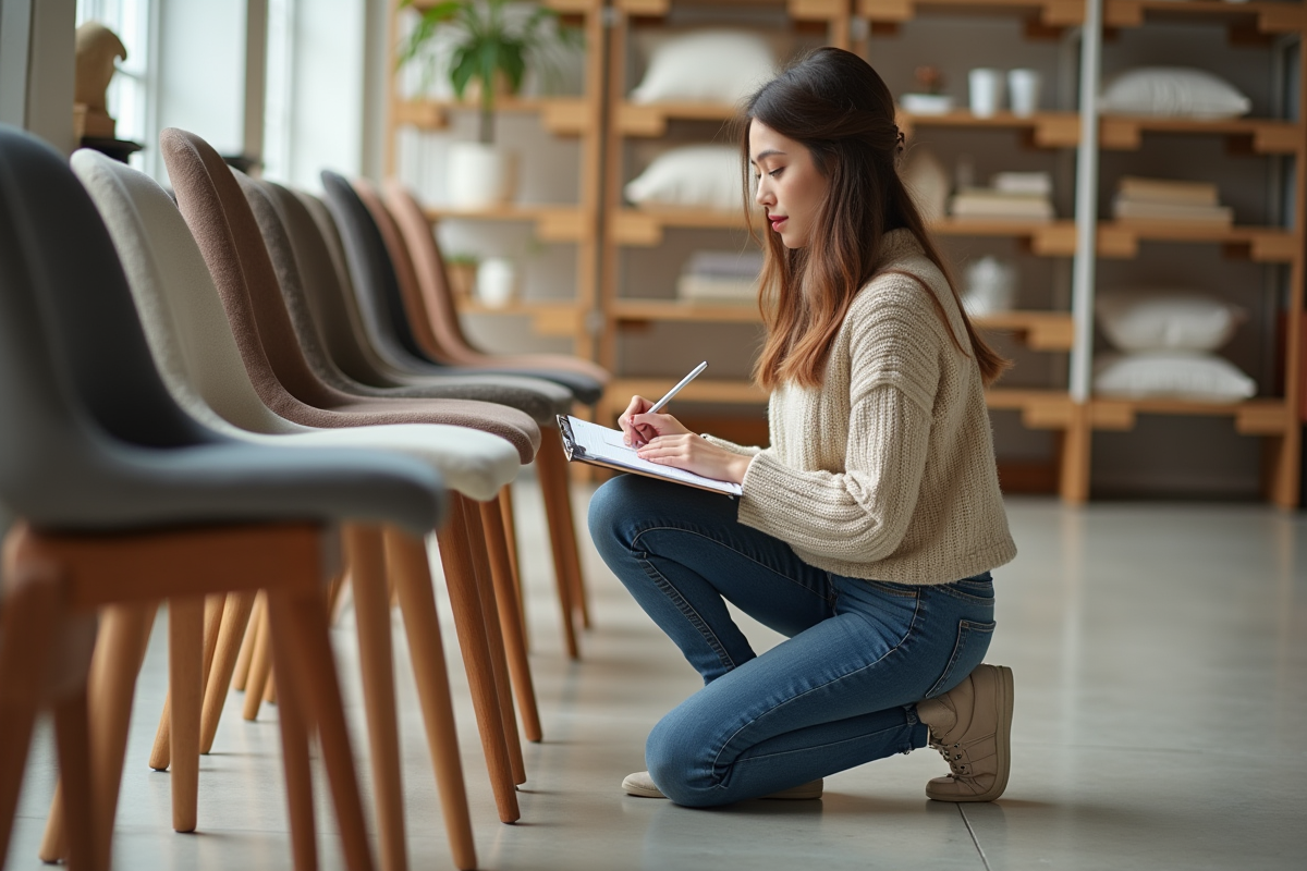 Jeune femme évaluant la hauteur des chaises en magasin
