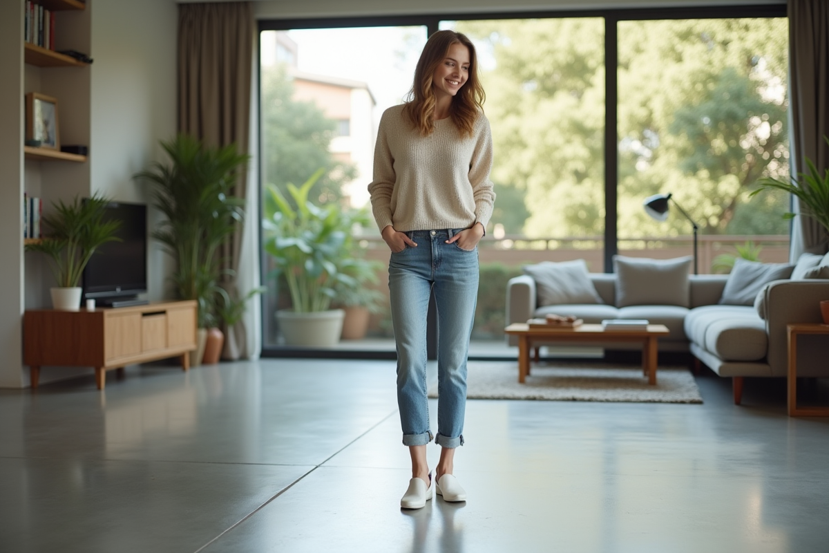 Jeune femme admirant un sol en béton poli dans un salon lumineux