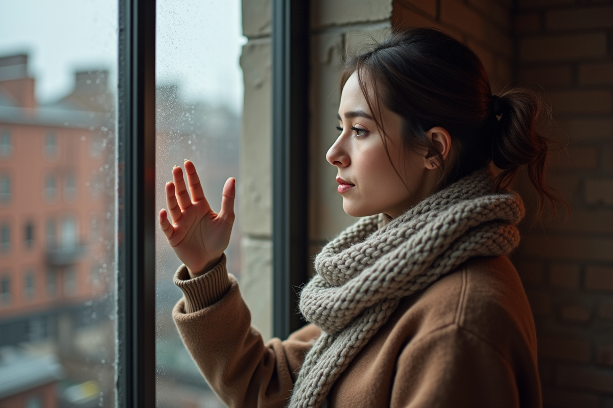 Jeune femme touchant une vitre avec condensation urbaine