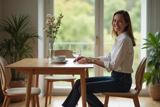 Femme assise confortablement à une table de salle à manger