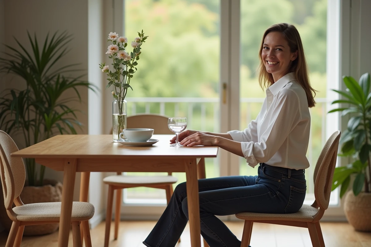 Femme assise confortablement à une table de salle à manger