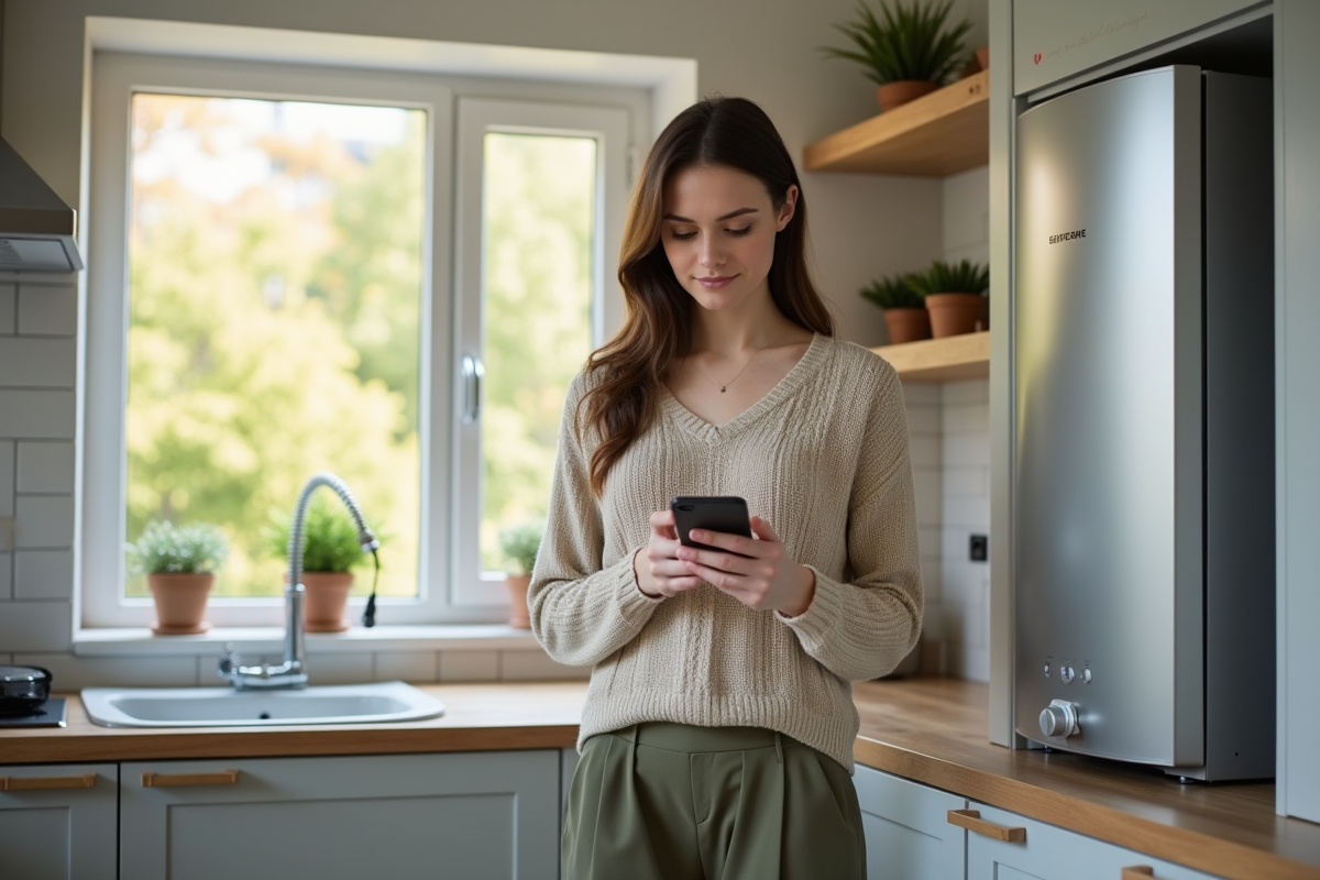 Femme regardant son smartphone à côté d