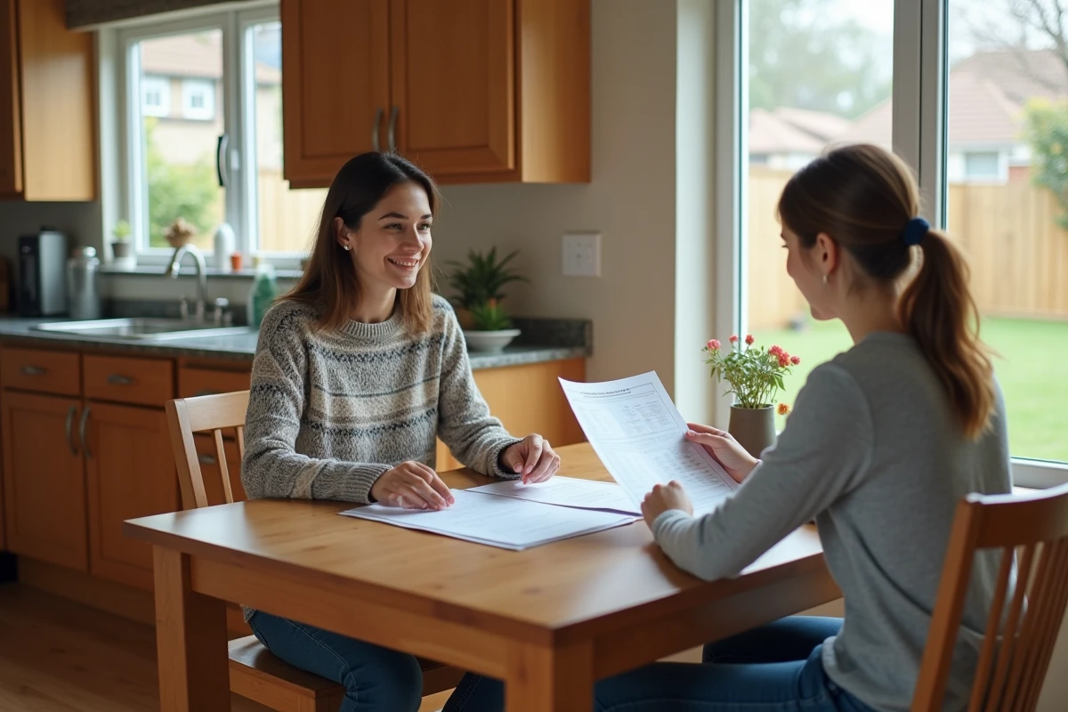 Femme consulte audit energie avec une femme &agrave; la table cuisine