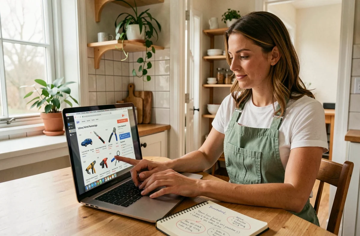 Femme consultant un blog de bricolage sur ordinateur portable pour choisir les bons outils de travaux