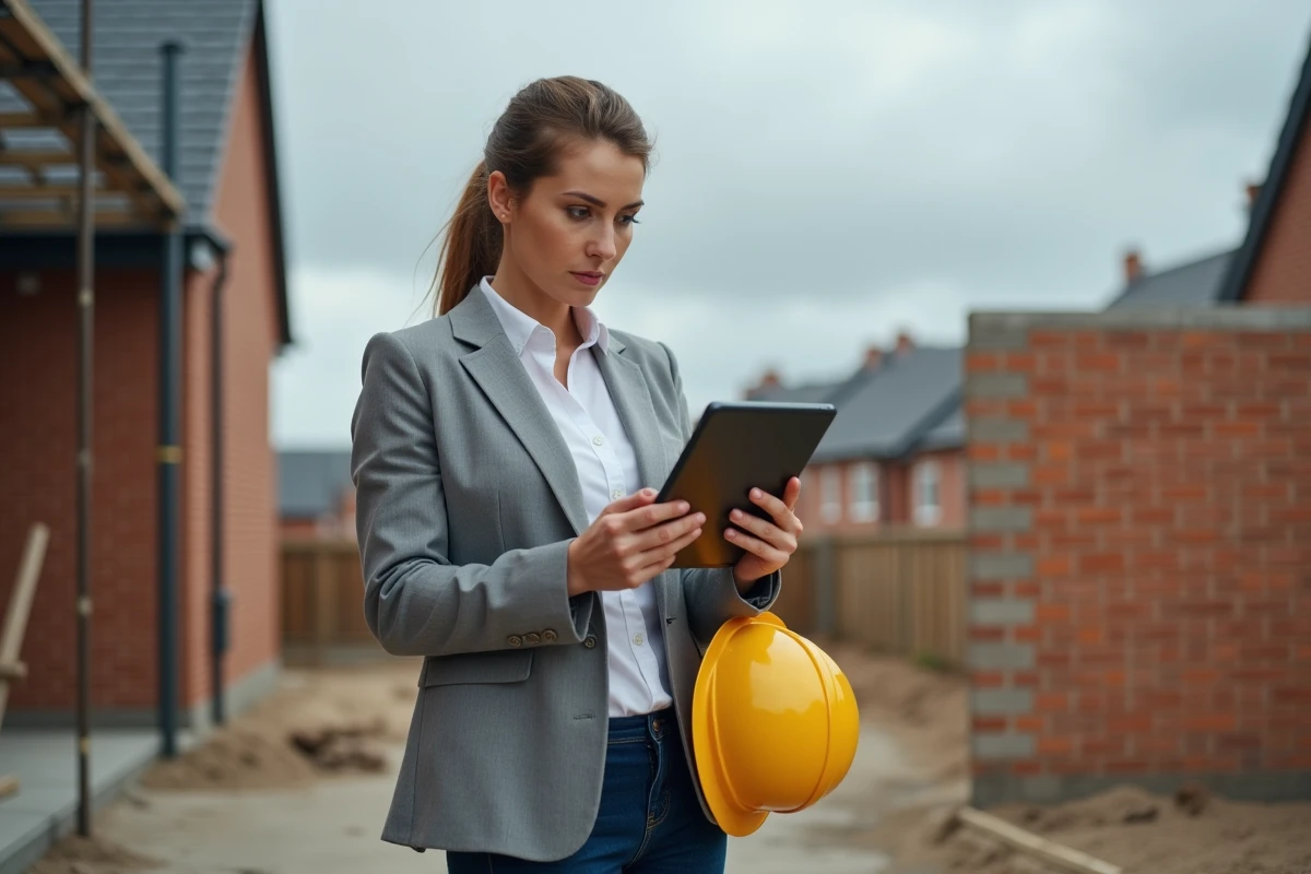 Femme consultant un devis de travaux sur tablette devant un chantier de construction résidentielle