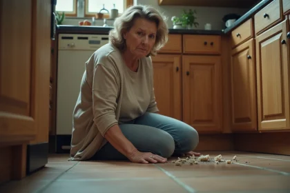 Femme inqui&egrave;te examine des maggots dans la cuisine