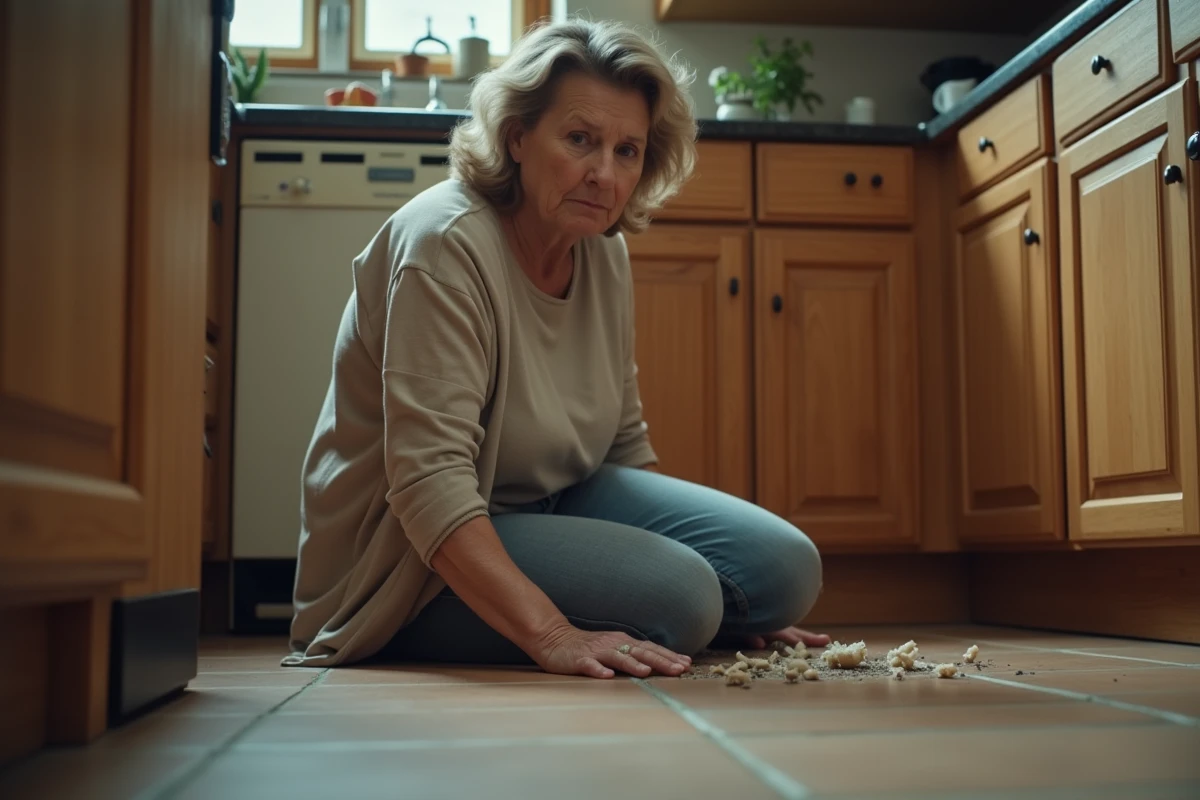 Femme inqui&egrave;te examine des maggots dans la cuisine