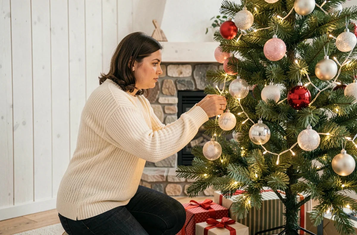 Femme décorant un sapin de Noël avec des guirlandes lumineuses LED dans un salon scandinave chaleureux