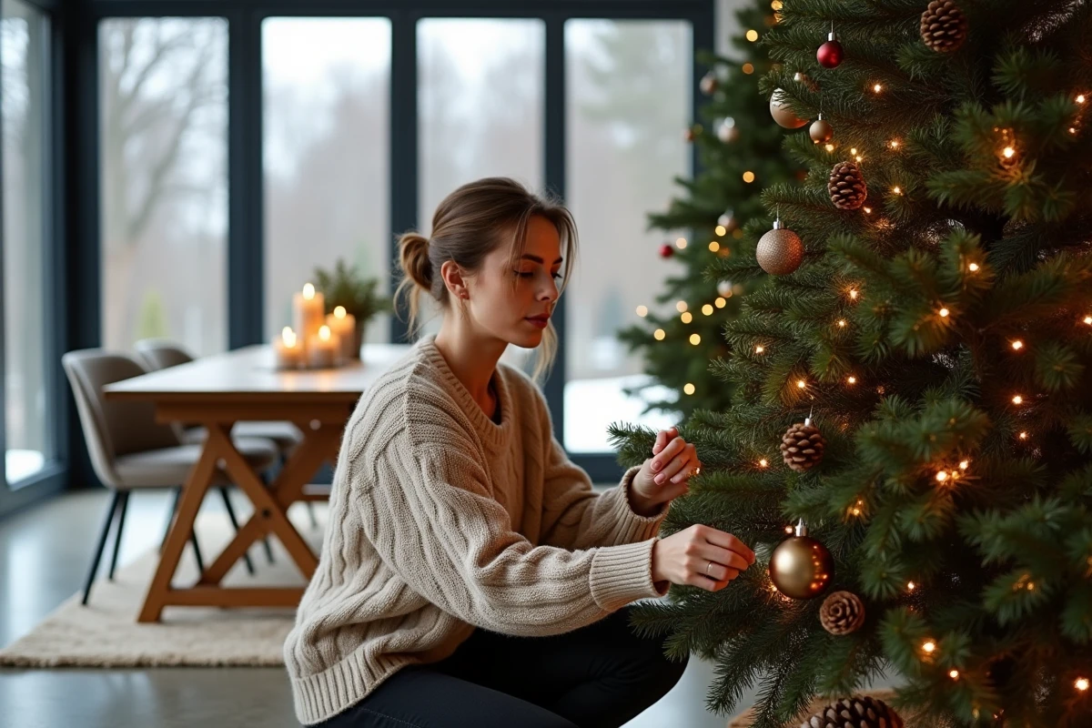 Femme décorant un sapin de Noël dans un intérieur contemporain lumineux avec grande table en chêne en arrière-plan
