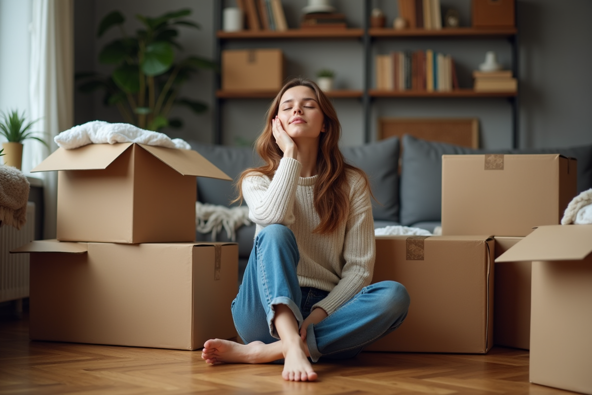 Femme relaxant dans un appartement en transition