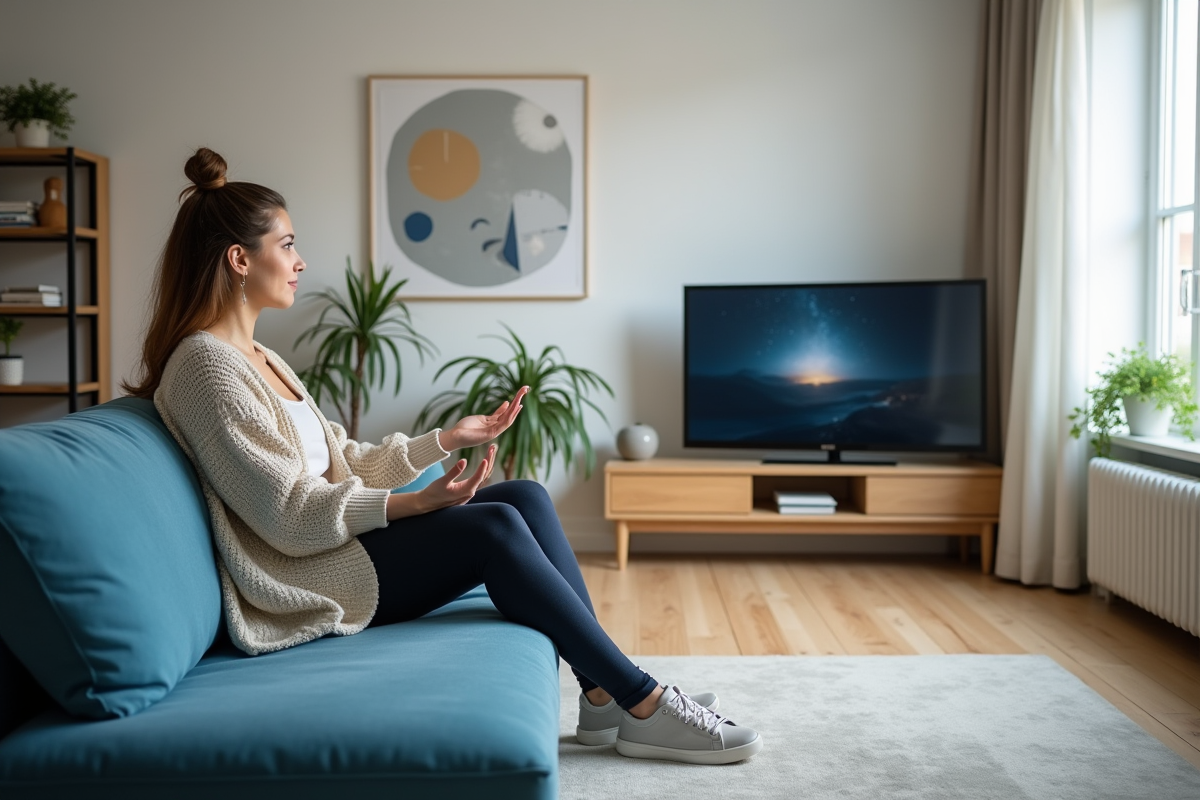 Jeune femme discutant de la distance TV dans le salon