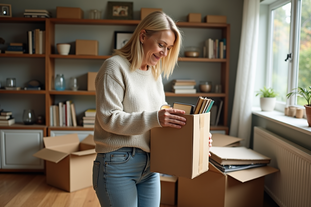 Femme d'âge moyen rangeant des livres dans une box