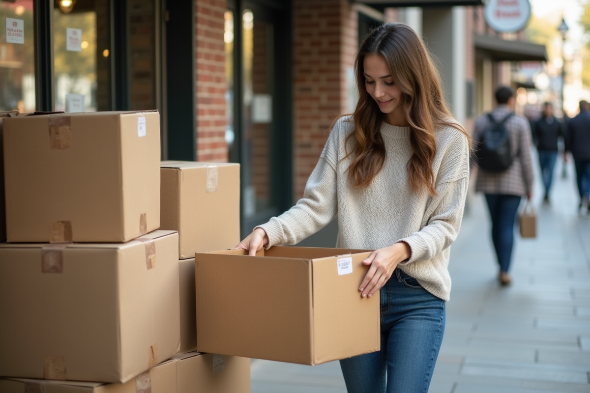 Jeune femme choisissant des cartons à la ville