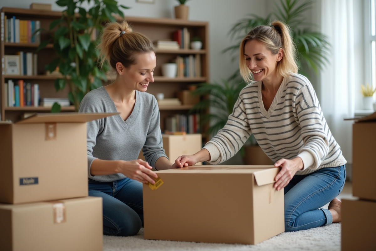 Femme emballant un carton dans un salon organisé