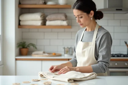 Femme lisant l'étiquette d'entretien d'un pull en laine avec des pictogrammes lessive visibles sur le comptoir