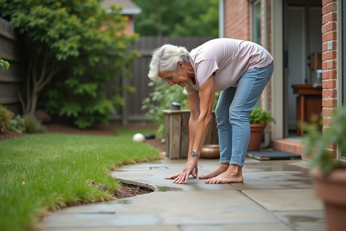 Femme âgée inspectant une fissure sur un patio en béton