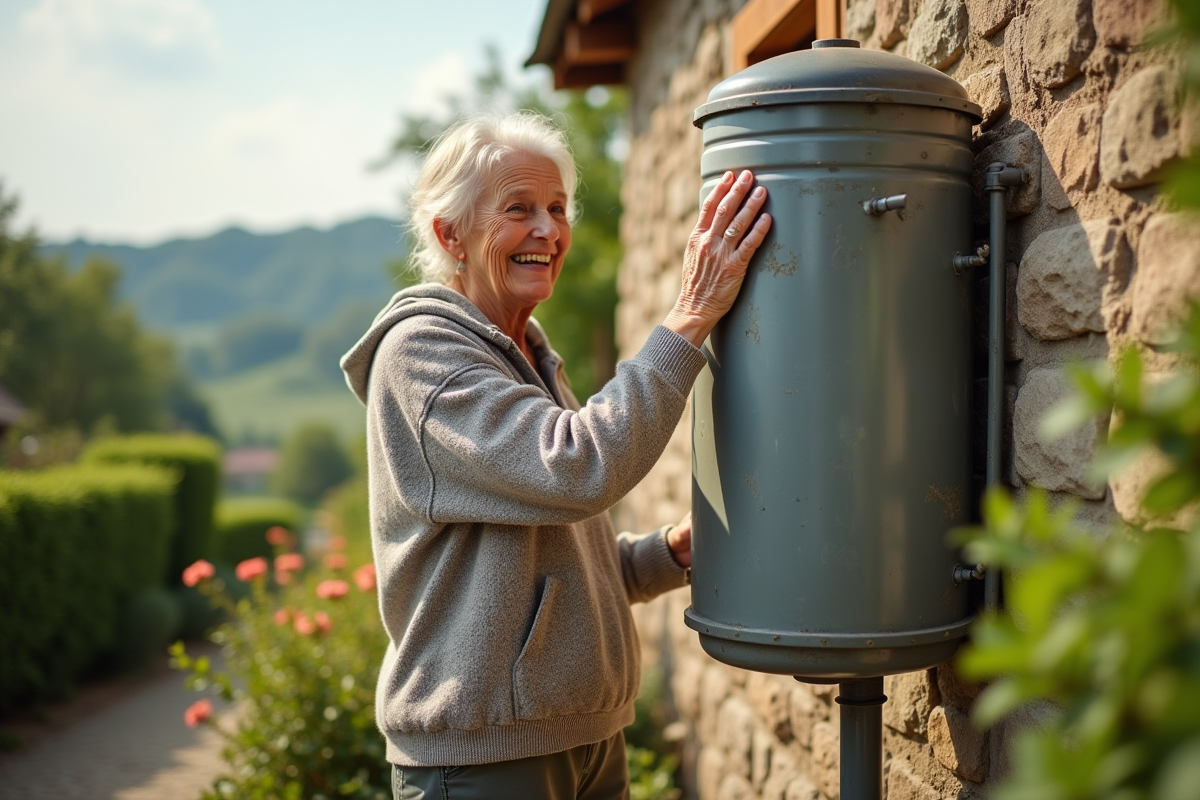 Femme âgée touchant un chauffe-eau solaire dans son jardin