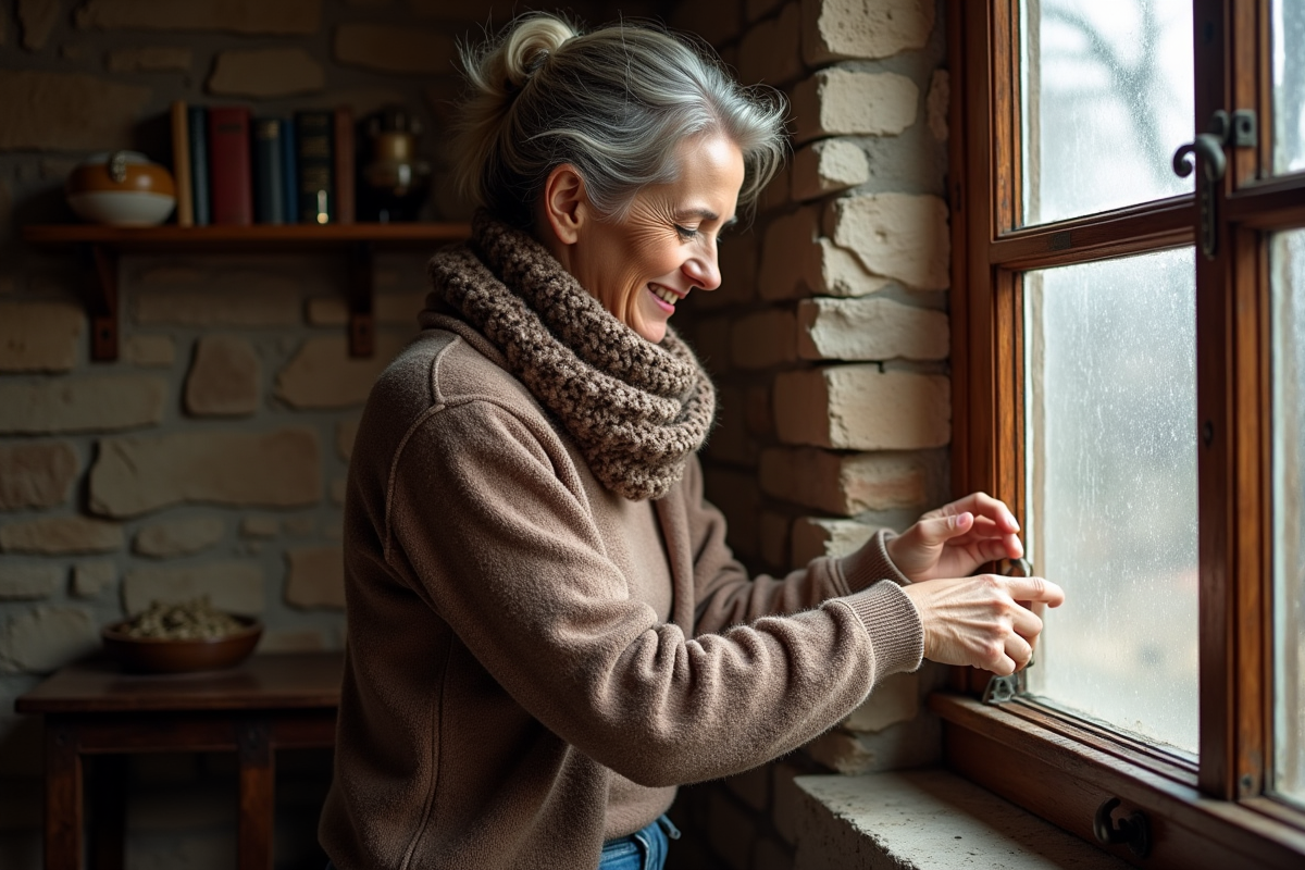 Femme isolant une vieille fenêtre en bois avec du ruban adhésif