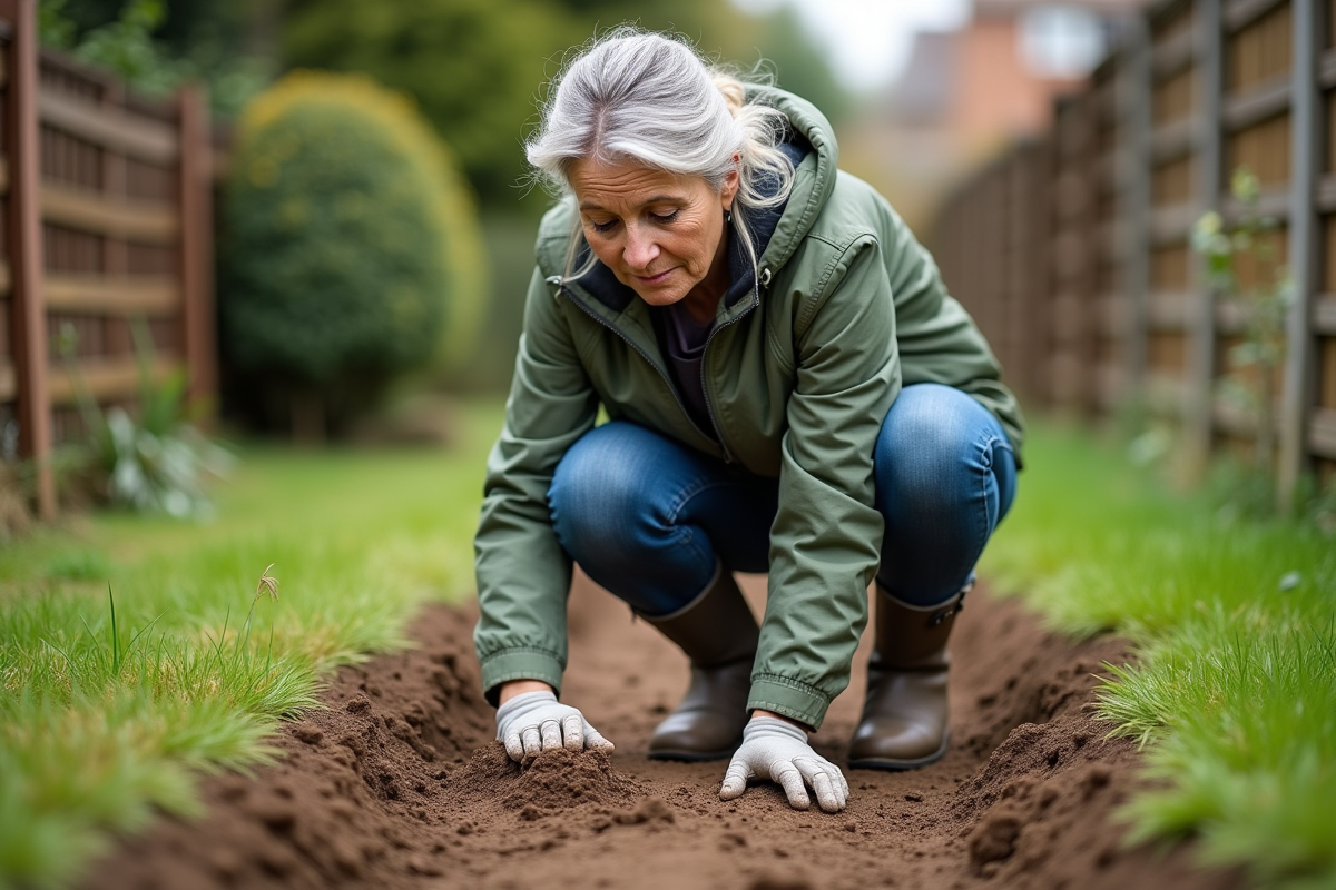 Femme en jeans et bottes de jardinage sur un chemin en terre