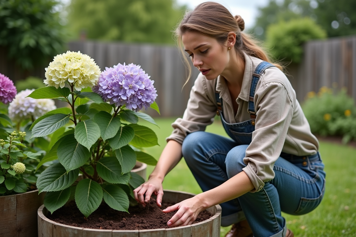 Femme en jardinage avec hydrangea et café grounds
