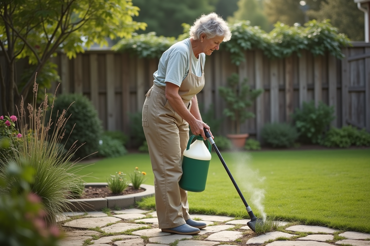 Femme en jardinage vaporisant du vinaigre sur mauvaises herbes