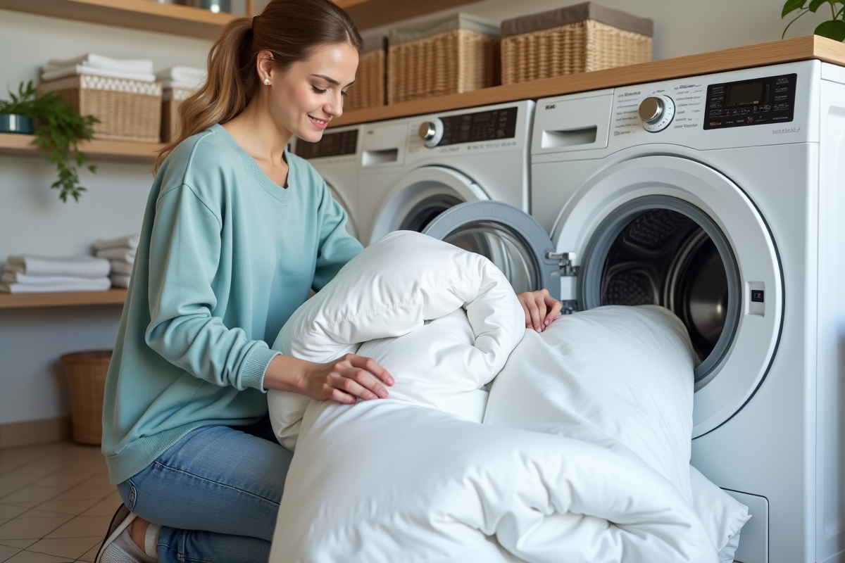 Femme chargeant un duvet dans une machine à laver moderne