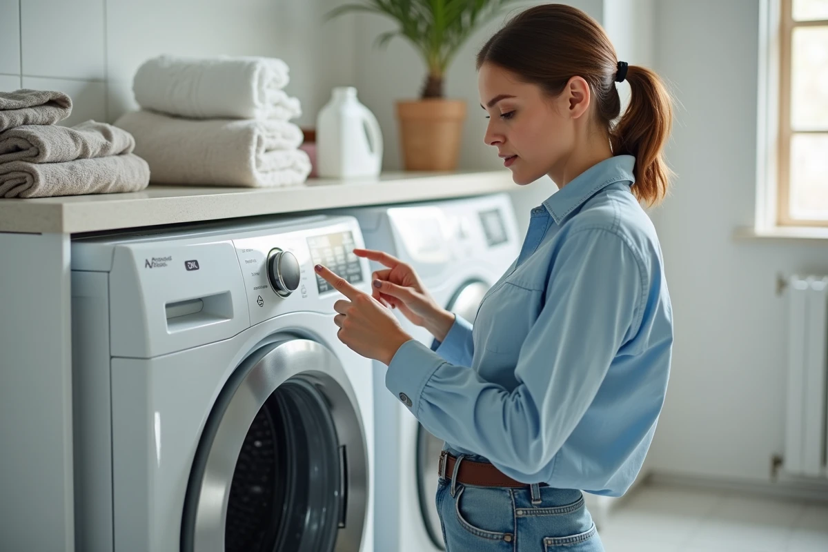 Femme regardant le panneau de la machine &agrave; laver