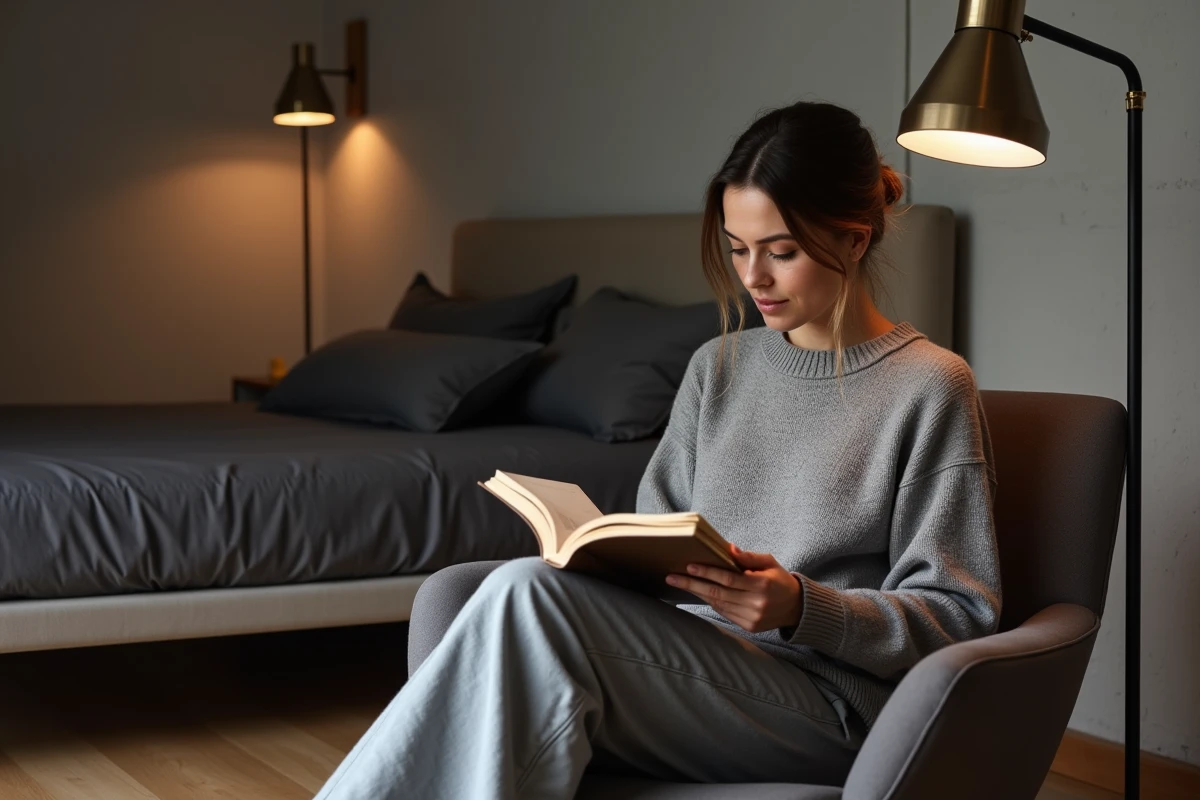 Femme lisant sous un lampadaire halogène à bras articulé dans une chambre moderne avec parquet et literie anthracite