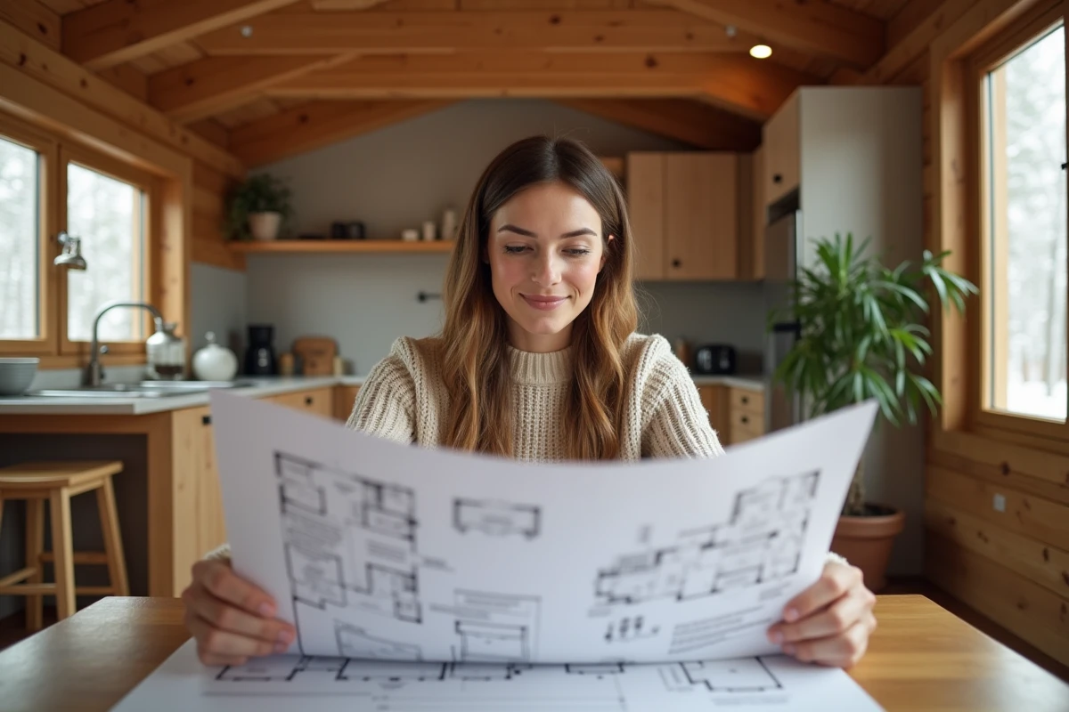 Femme lisant des plans dans un intérieur chaleureux