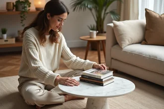 Femme élégante dans un salon contemporain avec livres et déco