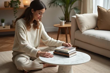 Femme &eacute;l&eacute;gante dans un salon contemporain avec livres et d&eacute;co