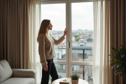 Femme contemplant un rideau beige dans un salon moderne
