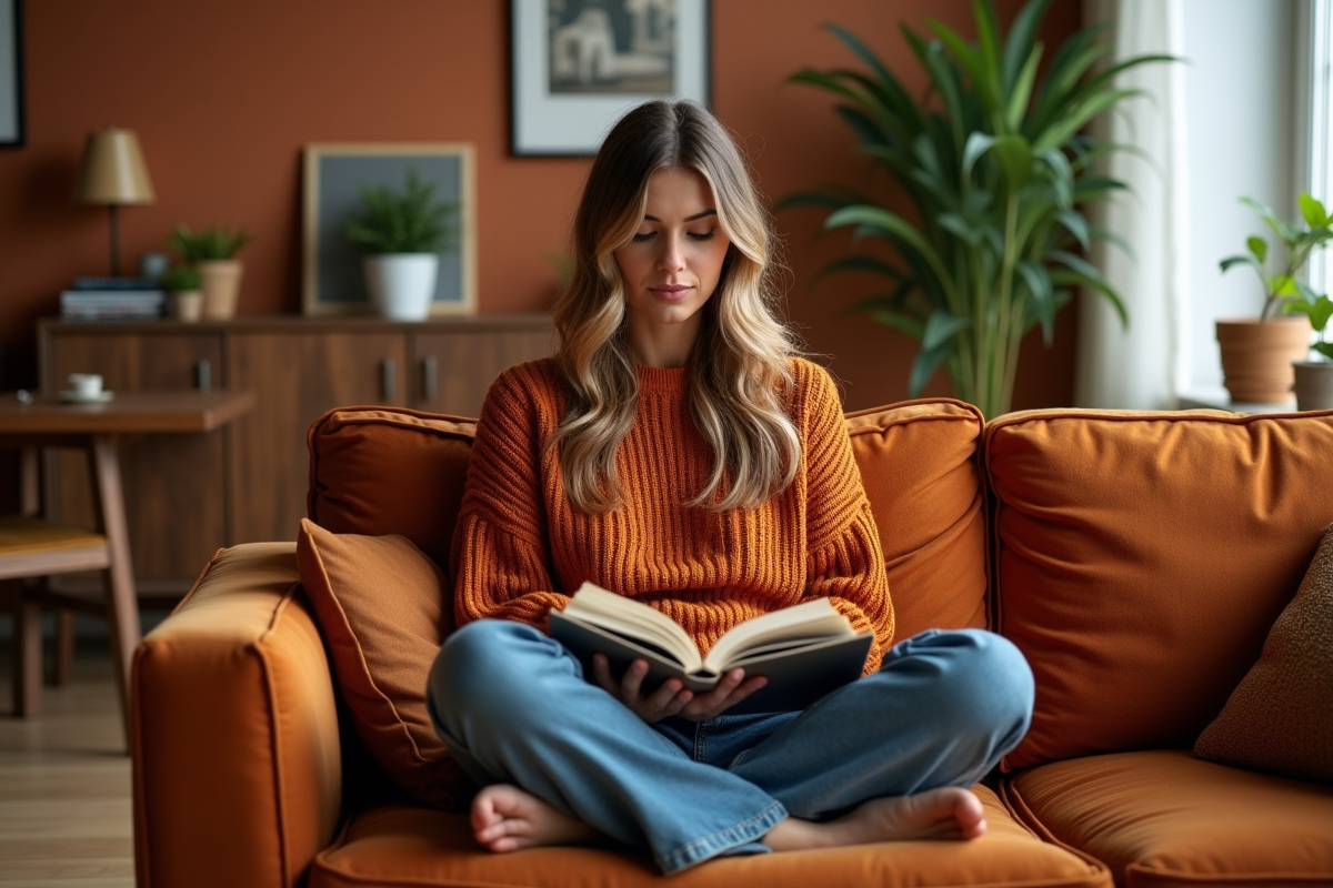 Femme lisant dans un salon chaleureux et moderne