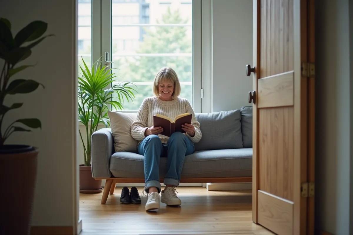 Femme lisant un livre dans un salon urbain lumineux