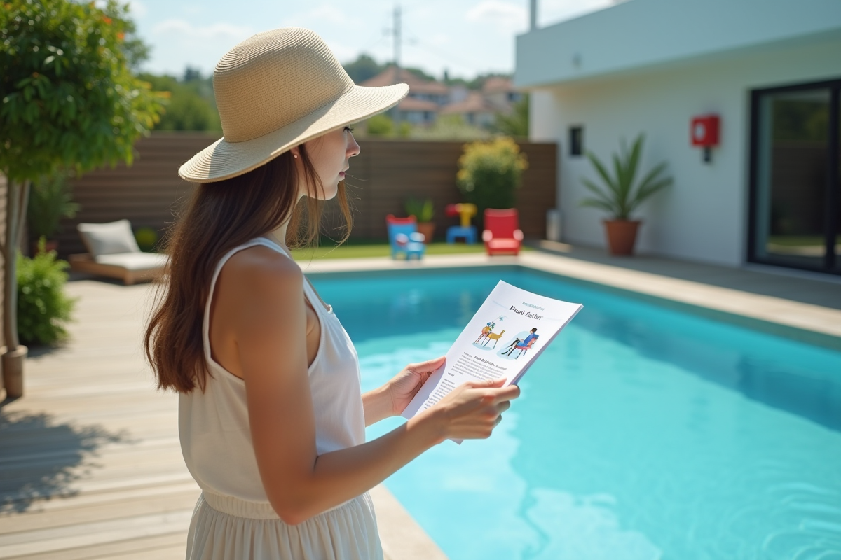 Jeune femme lisant manuel de securite piscine