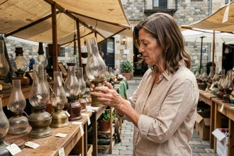 Femme examinant une lampe à pétrole ancienne sur un marché aux puces, comparant les prix des antiquités