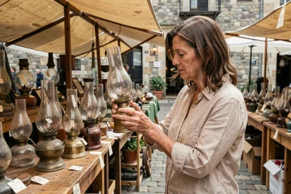 Femme examinant une lampe à pétrole ancienne sur un marché aux puces, comparant les prix des antiquités