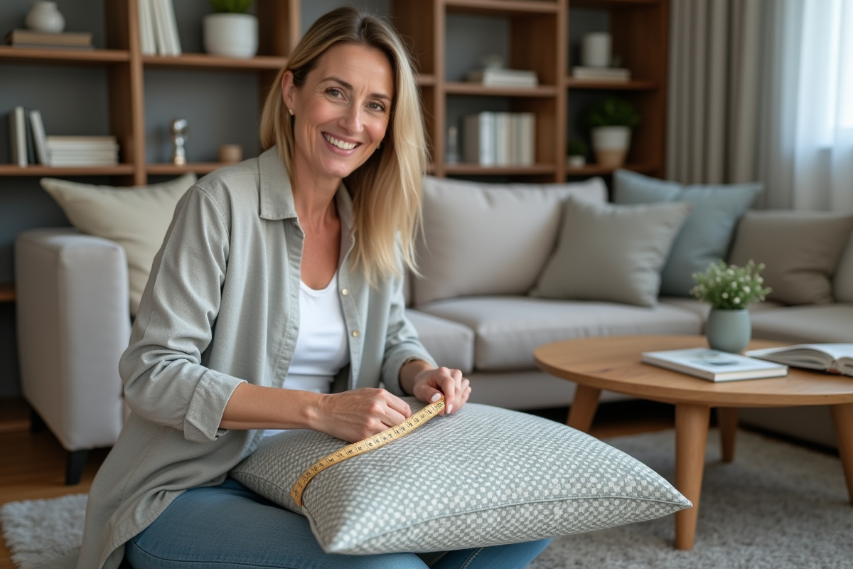 Femme mesurant un coussin de sofa avec un ruban