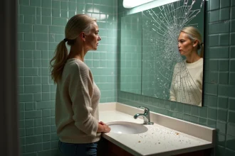 Femme contemplant un miroir brise dans la salle de bain