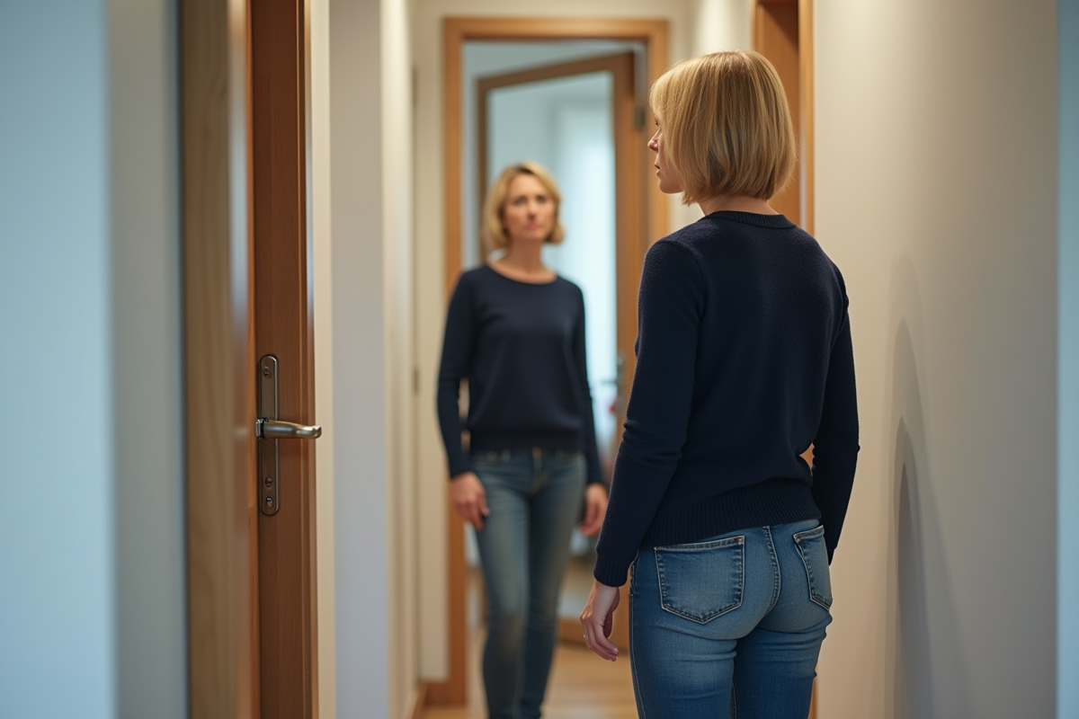 Femme perplexe devant un grand miroir dans l'entrée d'un appartement moderne