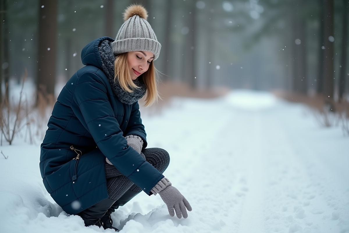 Femme en manteau navy et bonnet en laine dans la neige