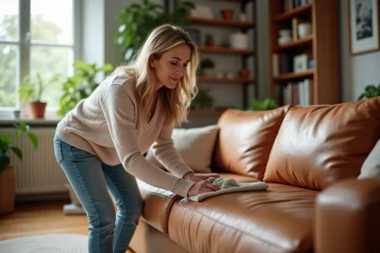 Femme nettoyant un canapé en cuir beige dans un salon lumineux